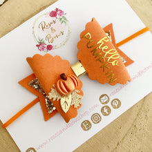 Load image into Gallery viewer, Hello Pumpkin Bow Headband or Clip
