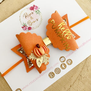 Hello Pumpkin Bow Headband or Clip