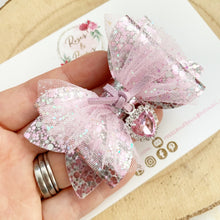 Load image into Gallery viewer, Pink and Silver Tulle Heart Charm Valentine’s Day Hair Bow Headband or Clip

