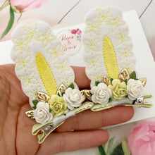 Load image into Gallery viewer, Lemon and White Stand Up Bunny Ear Clips - Easter Bunny Clips
