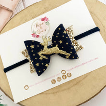 Load image into Gallery viewer, Reindeer Hair Bow Headband or Clip blue and gold
