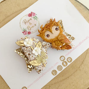 Gold Owl Bow Headband or Clip