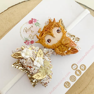 Gold Owl Bow Headband or Clip