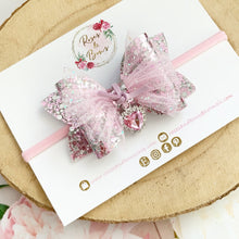 Load image into Gallery viewer, Pink and Silver Tulle Heart Charm Valentine’s Day Hair Bow Headband or Clip
