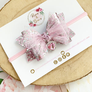 Pink and Silver Tulle Heart Charm Valentine’s Day Hair Bow Headband or Clip