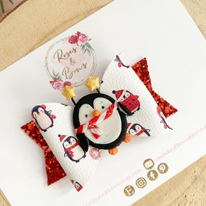 Christmas Red Penguin Hair Bow Clip or Headband