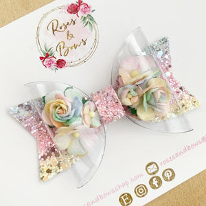 Rainbow Flower Transparent Glitter Bow Headband or Clip