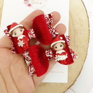 Elf pigtail bows - clip set - Christmas glitter bows