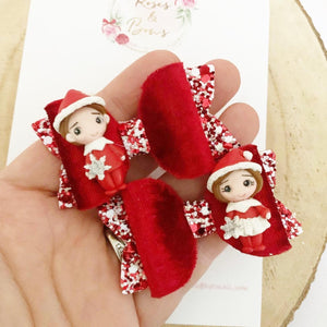 Elf pigtail bows - clip set - Christmas glitter bows