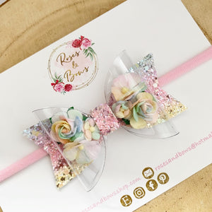 Rainbow Flower Transparent Glitter Bow Headband or Clip