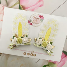 Load image into Gallery viewer, Lemon and White Stand Up Bunny Ear Clips - Easter Bunny Clips
