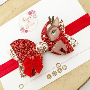 Christmas Reindeer Hair Bow Headband or Clip