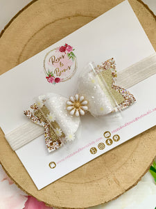 Daisy Hair Bow - Glitter, Transparent and Leatherette Headband or Clip