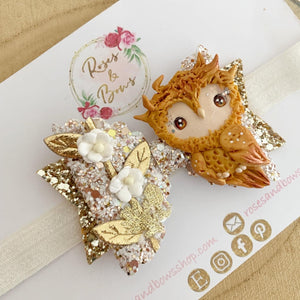 Gold Owl Bow Headband or Clip