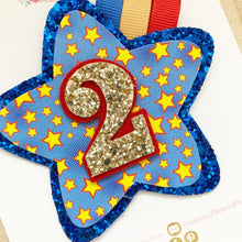 Load image into Gallery viewer, Blue and Gold Star Birthday Badge - Birthday Glitter Badge
