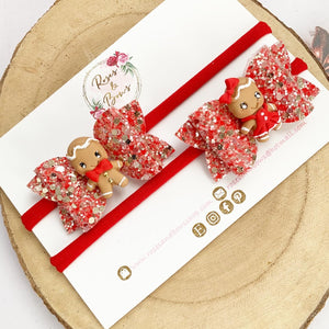 Gingerbread piggy pigtail bows - clip set - Christmas glitter bows