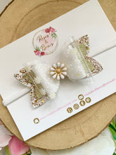 Load image into Gallery viewer, Daisy Hair Bow - Glitter, Transparent and Leatherette Headband or Clip
