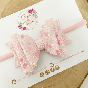 Pink Blush Glitter Hair Bow Headband or Clip