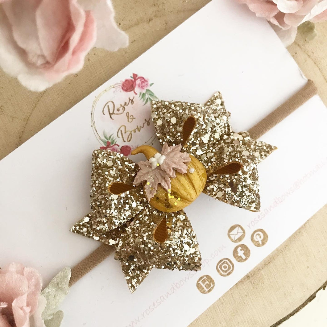 Gold Pumpkin Bow Headband or Clip