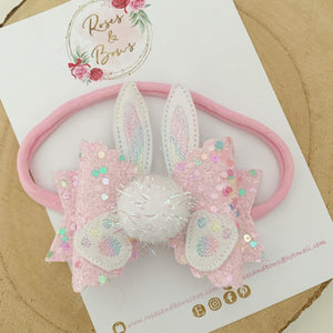 Easter Bunny Hair Bow Headband or Clip - Pink Bunny Rabbit Ears Hair Bow - cotton tail bow