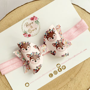 Pink Christmas Reindeer Hair Bow Headband or Clip