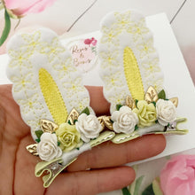 Load image into Gallery viewer, Lemon and White Stand Up Bunny Ear Clips - Easter Bunny Clips
