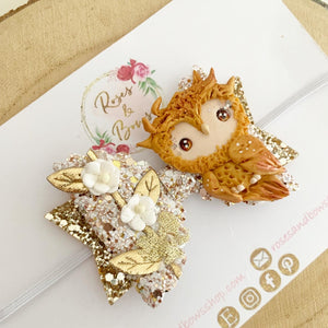 Gold Owl Bow Headband or Clip