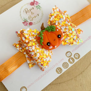 Pumpkin Halloween Glitter Bow Headband or Clip