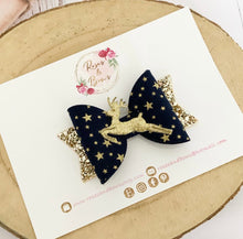 Load image into Gallery viewer, Reindeer Hair Bow Headband or Clip blue and gold
