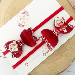 Mr and Mrs Claus pigtail bows - clip set - Christmas glitter bows