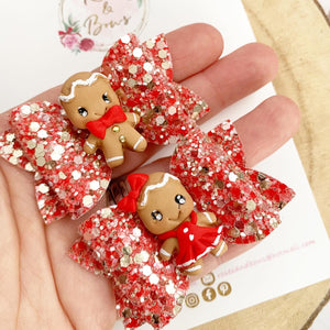 Gingerbread piggy pigtail bows - clip set - Christmas glitter bows