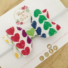 Load image into Gallery viewer, Bright Rainbow Heart Glitter Valentine’s Day Hair Bow Headband or Clip
