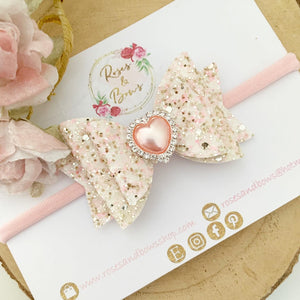 Pink Heart valentines Hair Bow Headband or Clip