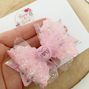 Pink Valentine’s tulle Hair Bow Headband or Clip