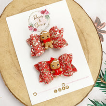 Load image into Gallery viewer, Gingerbread piggy pigtail bows - clip set - Christmas glitter bows
