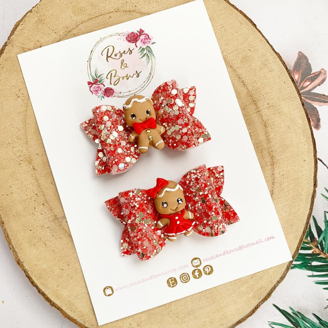 Gingerbread piggy pigtail bows - clip set - Christmas glitter bows