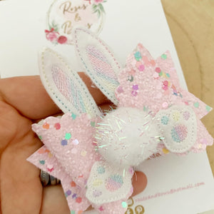 Easter Bunny Hair Bow Headband or Clip - Pink Bunny Rabbit Ears Hair Bow - cotton tail bow