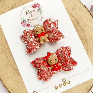 Gingerbread piggy pigtail bows - clip set - Christmas glitter bows