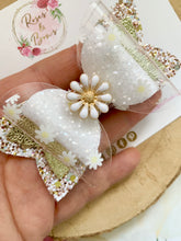 Load image into Gallery viewer, Daisy Hair Bow - Glitter, Transparent and Leatherette Headband or Clip
