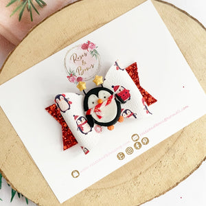 Christmas Red Penguin Hair Bow Clip or Headband