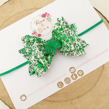 Load image into Gallery viewer, St Patrick’s Day Shamrock Glitter Hair Bow Headband or Clip
