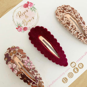 Autumn rose gold & berry scalloped snap clip set