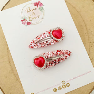 Red and Pink heart scalloped snap clip set