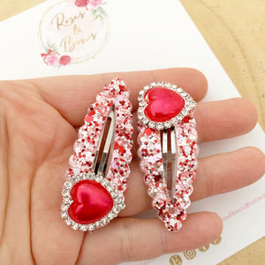 Red and Pink heart scalloped snap clip set