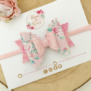 Pink Floral Glitter Bow Headband or Clip