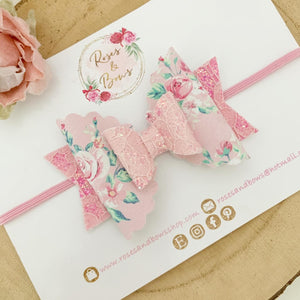 Pink Floral Glitter Bow Headband or Clip