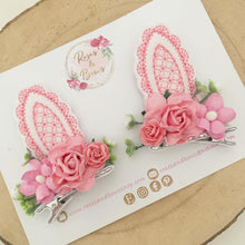 Load image into Gallery viewer, Pink and White Stand Up Bunny Ear Clips - Easter Bunny Clips
