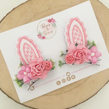 Load image into Gallery viewer, Pink and White Stand Up Bunny Ear Clips - Easter Bunny Clips
