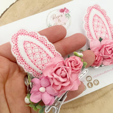 Load image into Gallery viewer, Pink and White Stand Up Bunny Ear Clips - Easter Bunny Clips
