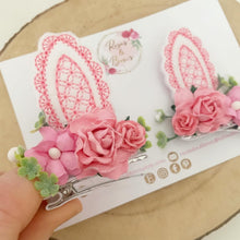 Load image into Gallery viewer, Pink and White Stand Up Bunny Ear Clips - Easter Bunny Clips
